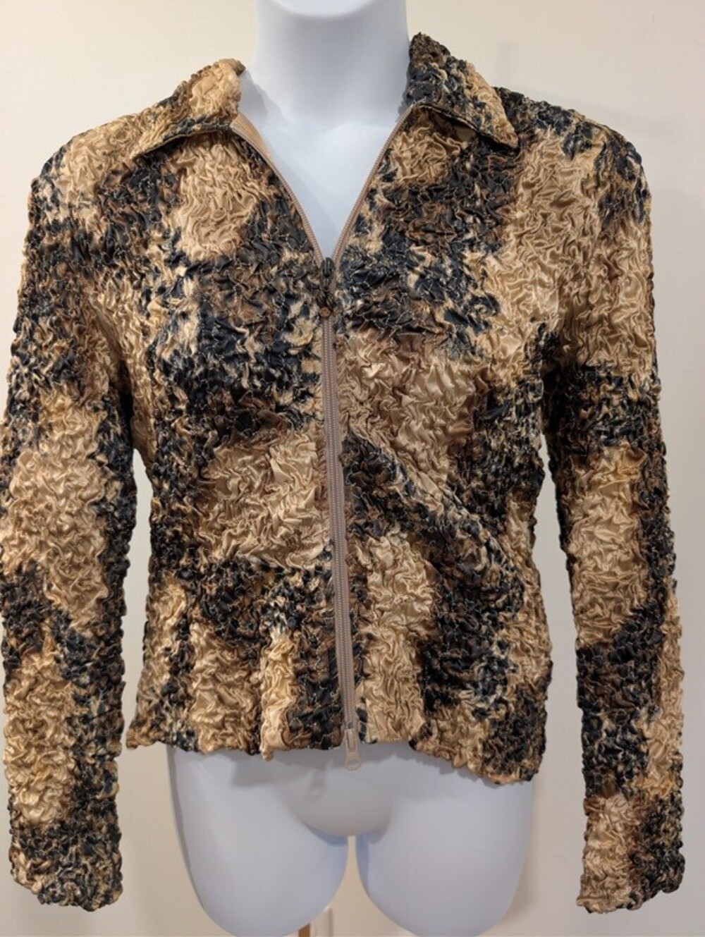 1196 - Joseph Ribkoff Vintage Crushed Velvet Zip Jacket Tan Brown -Size 8